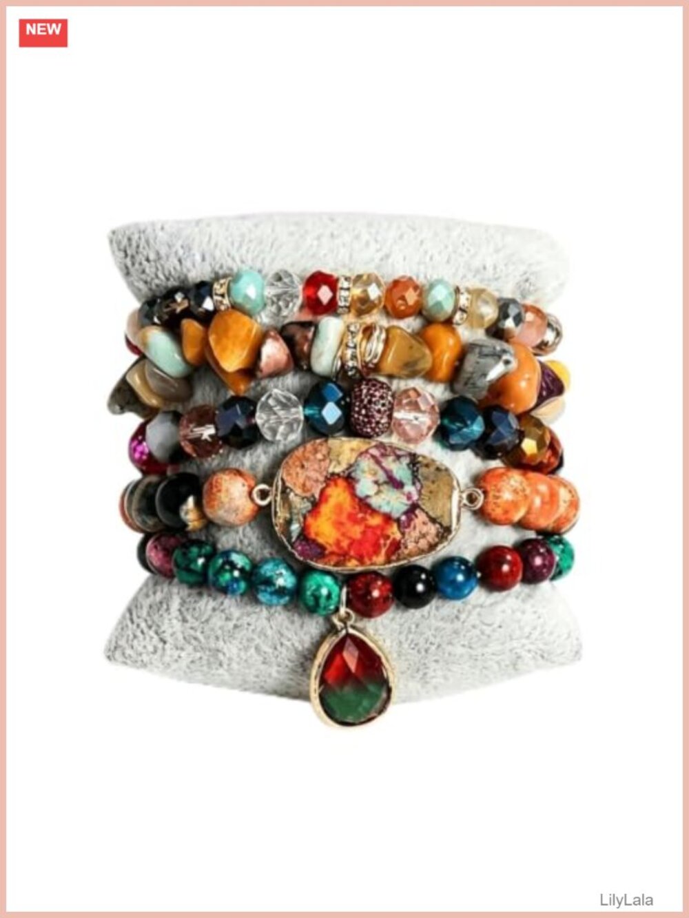 Natural Stone Beaded Stretch Bracelet Set 5 Stackable Boho Jewelry Gift